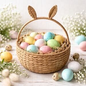 Woven Bunny Ear Basket Natural Seagrass Easter Decor 13” Rustic Farmhouse